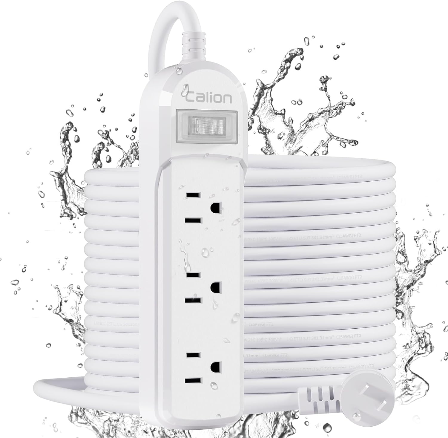 Outdoor Power Strip Weatherproof - IPX6 Waterproof 24.6ft Extension Cord 3 Widely Outlets Overload Protection Shockproof Flat Plug Wall Mountable for Outdoor Indoor ETL,White