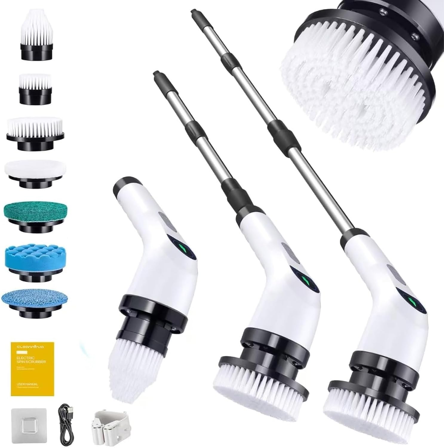 Electric Spin Scrubber for Cleaning – Shower Scrubber with Long Handle and 7 Replaceable Heads – 2 Speed Cordless Shower Brush for Cleaning with Long Battery Life, White