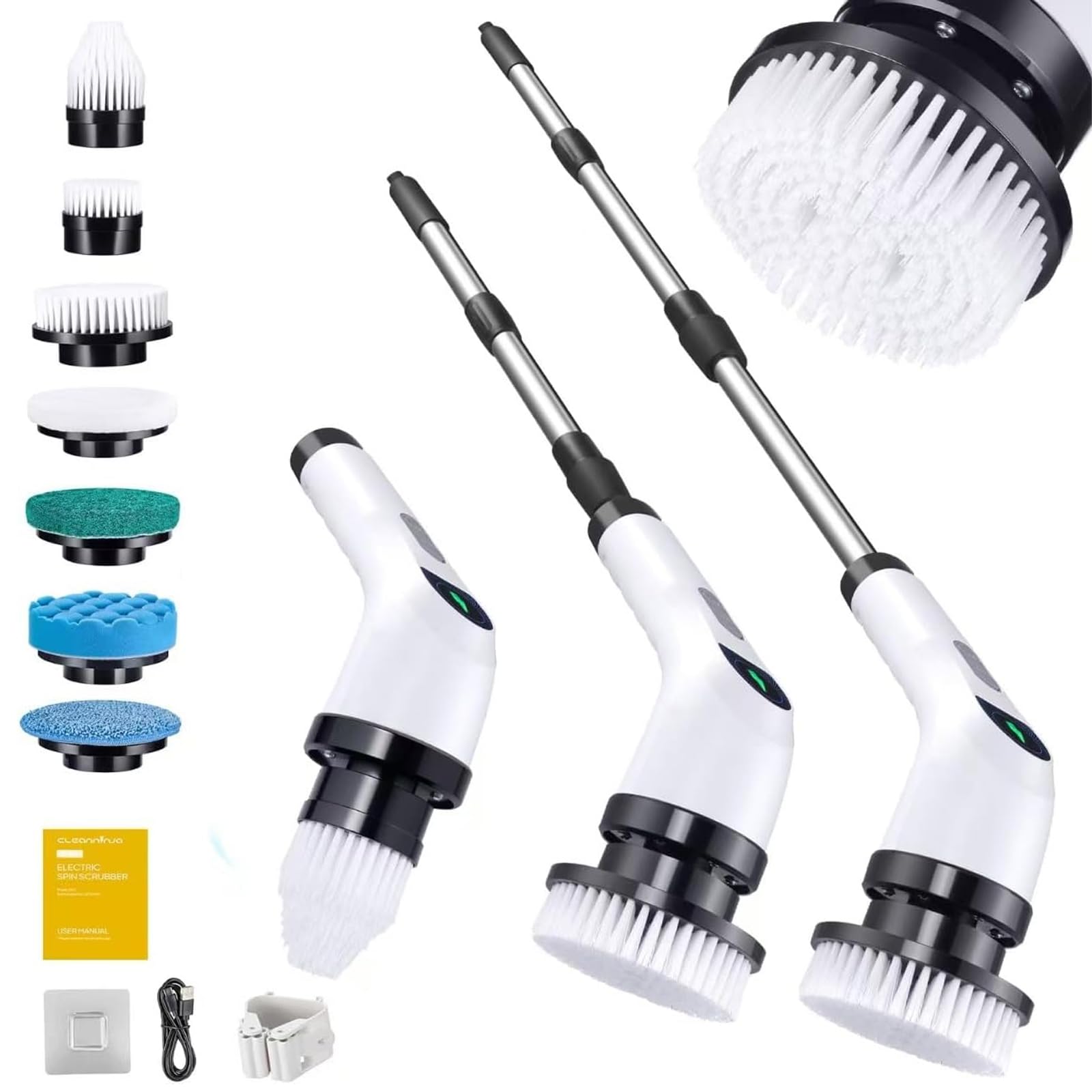 Electric Spin Scrubber for Cleaning - Shower Scrubber with Long Handle and 7 Replaceable Heads - 2 Speed