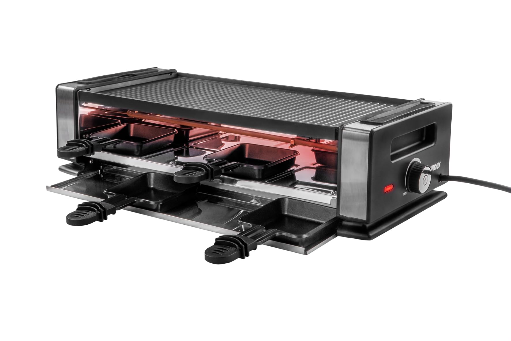 Unold 48730 Raclette Finesse Basic – grill raclette dla 8 osób, 1200 W, dwustronna płyta grillowa nieprzywierająca, elektryczny grill stołowy, stal nierdzewna/aluminium