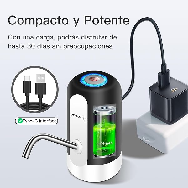 EASYSPEED Dispensador de Agua Fría Automático, 1200 mAh Eléctrico USB Bomba Grifo de Agua, Eléctrica Portátil con 2 Adaptadores para Botellas y Garrafas de 3,5,8,10,13,15,18 litros,Negro - 3