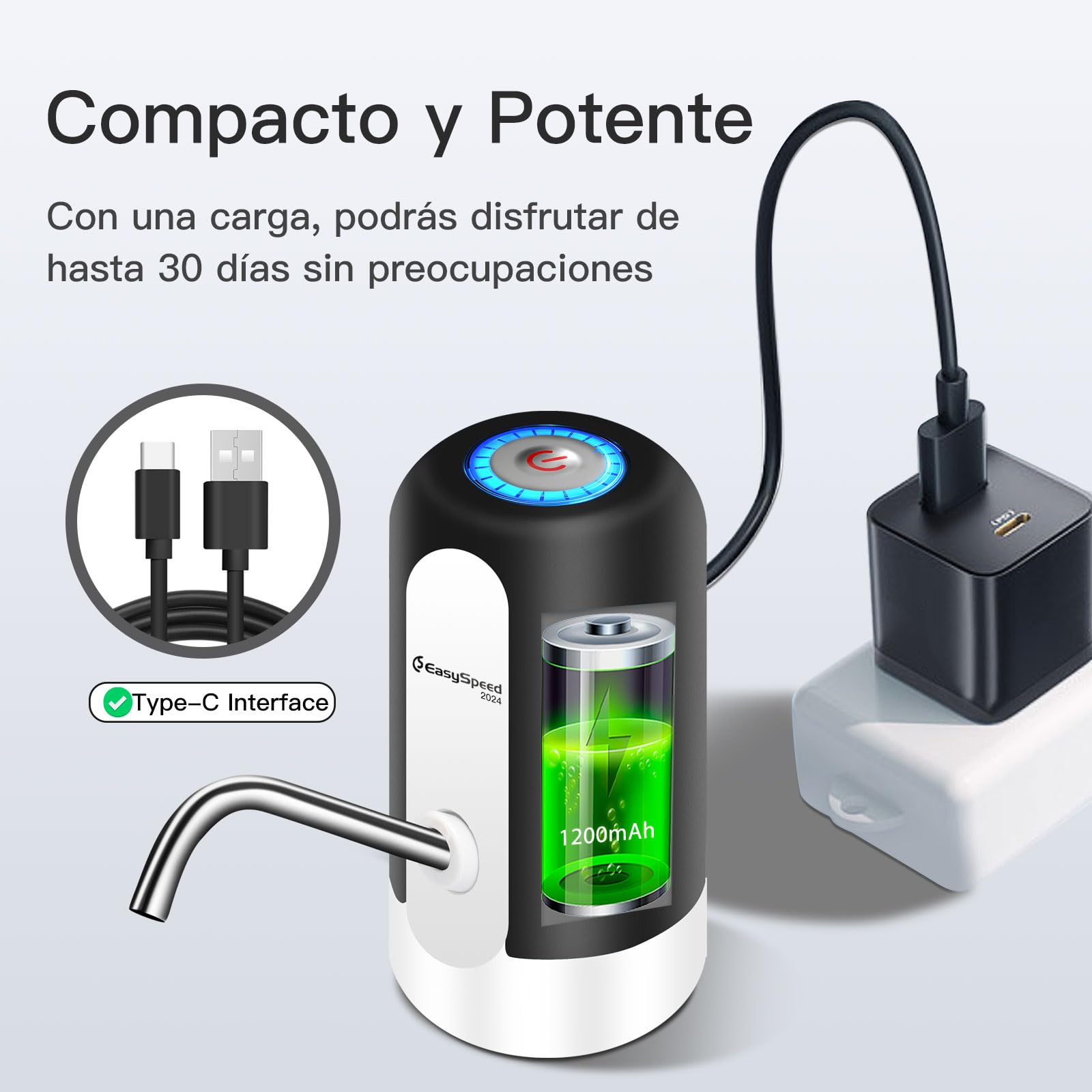 EASYSPEED Dispensador de Agua Fría Automático, 1200 mAh Eléctrico USB Bomba Grifo de Agua, Eléctrica Portátil con 2 Adaptadores para Botellas y Garrafas de 3,5,8,10,13,15,18 litros,Negro — view 3