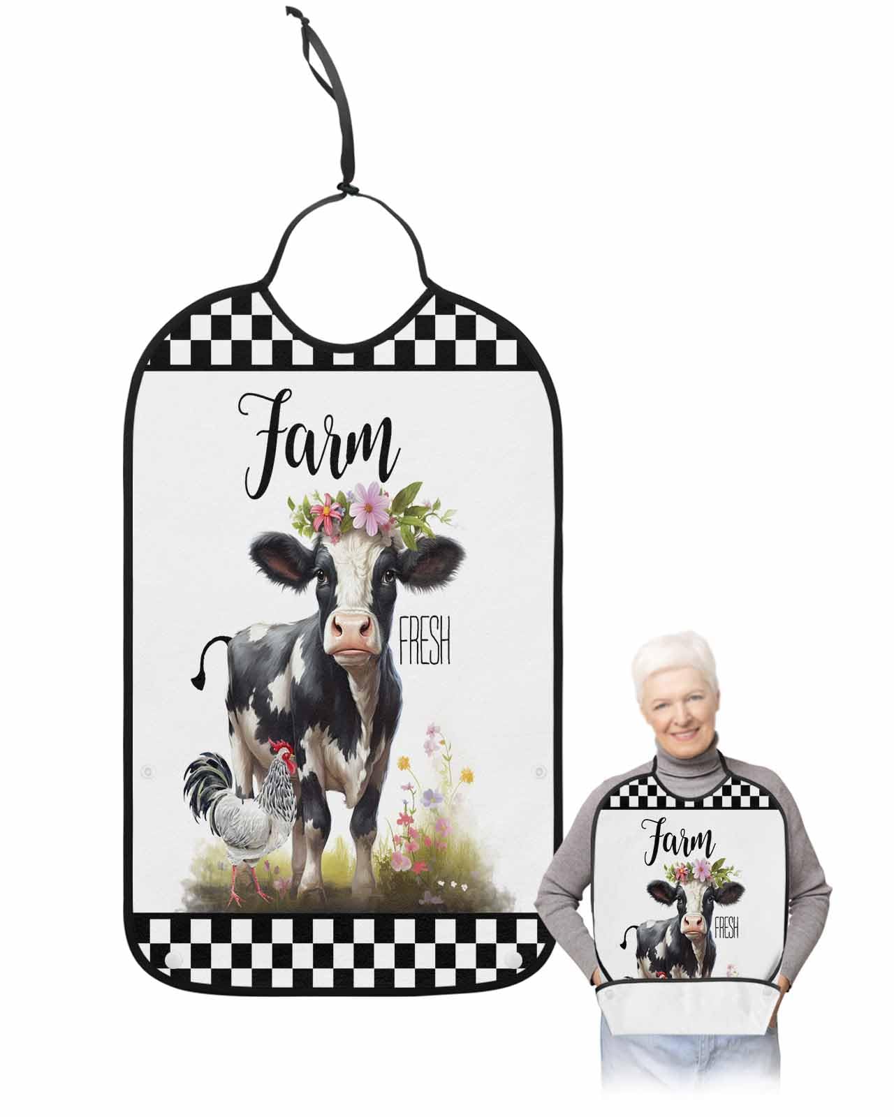 LEOKOTI Farm Cow Adult Bibs for Eating, Waterproof Bibs with Food Catcher & Adjustable Snap Closure, Black and White Plaid Spring Floral Washable Clothing Protectors Adult Bibs for Elderly Women/Men