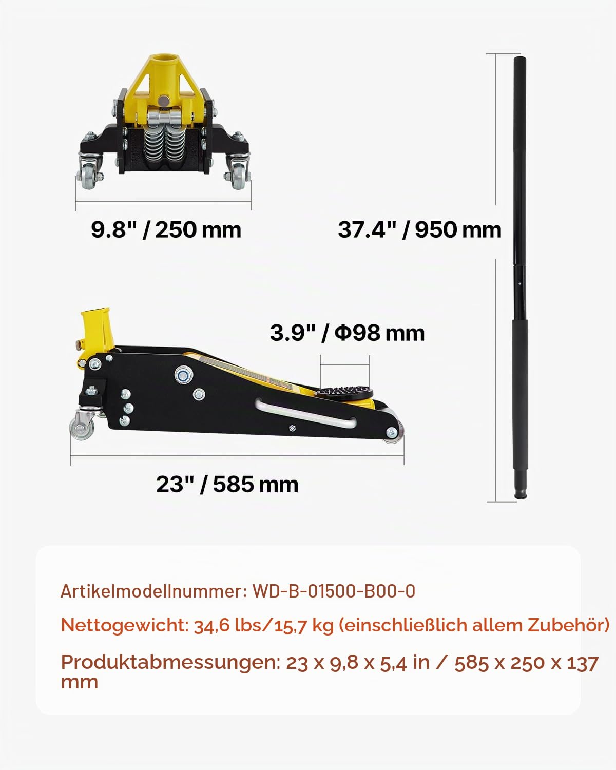 VEVOR Rangierwagenheber 1,5 t hydraulischer Wagenheber mit Doppelkolben-Schnellhubpumpe, 80-365 mm Autoheber aus Aluminium & Stahl, 99 mm Tablettdurchmesser Wagenheber für Geländewagen & Werkstatt