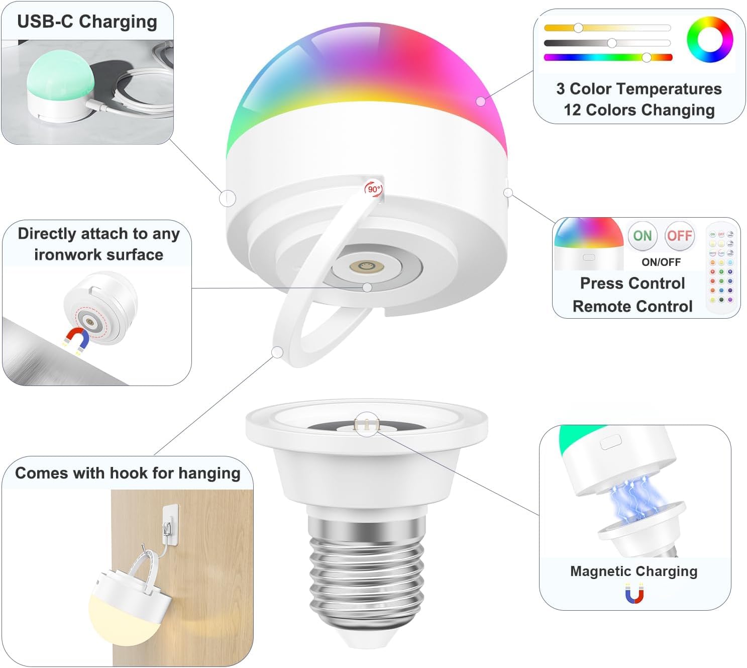 Oumida Żarówka LED do ponownego ładowania USB-C z pilotem zdalnego sterowania, E27 kolorów RGB, żarówka LED z baterią, 3 W, sterowanie dotykowe, z funkcją timera, światło awaryjne z magnesem (biała x