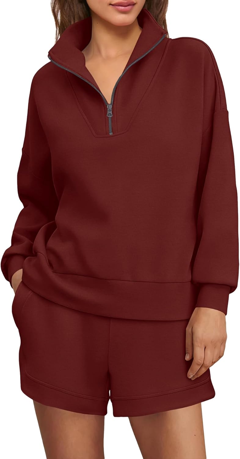 Nirovien Womens Sweat Suits 2 Piece Set Long Sleeve Quarter Zip Sweatshirt and Shorts Set Airport Travel Outfit with Pockets - Image 2