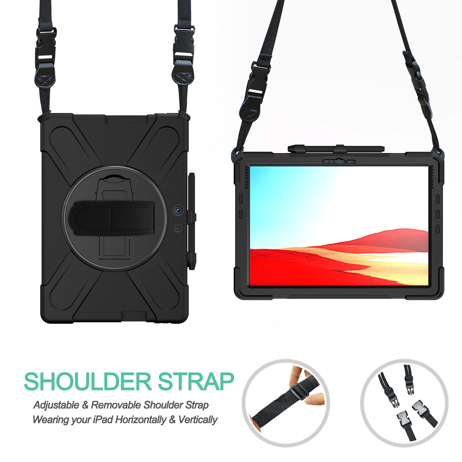 Custodia per Microsoft Surface Pro X 2021/2020/2019 - Visualizzazione multipla con cavalletto e cinghia da polso, tracolla per il trasporto, porta pennino, copertura aziendale per Surface Pro