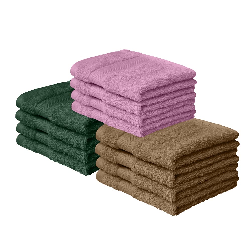 haus & kinder 100% Cotton 12 Piece Face Towel Set Highly Absorbent Quick Dry for Beach Gym Pool 500 GSM (Olive, Lilac & Coffee)