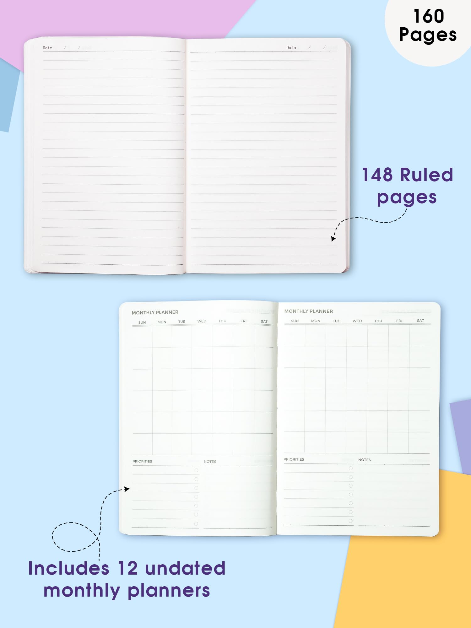 DOODLE Taccuino formato A5, 160 pagine (agenda 12 mesi + appunti), copertina morbida con carta da 80 g/m², design motivazionale, diario compatto per lavoro, studio, viaggi e regali