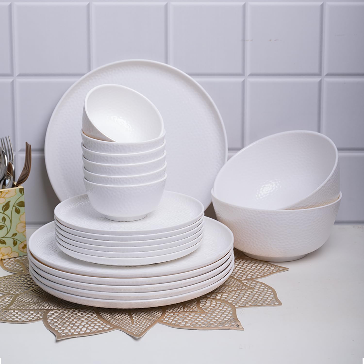 White Melamine Dinner Set 20 Pieces | Premium Dinnerware with 6 Full Plates, 6 Quarter Plates & 8 Bowls | Durable, Lightweight & Elegant Tableware Set for Home, Kitchen & Daily Dining