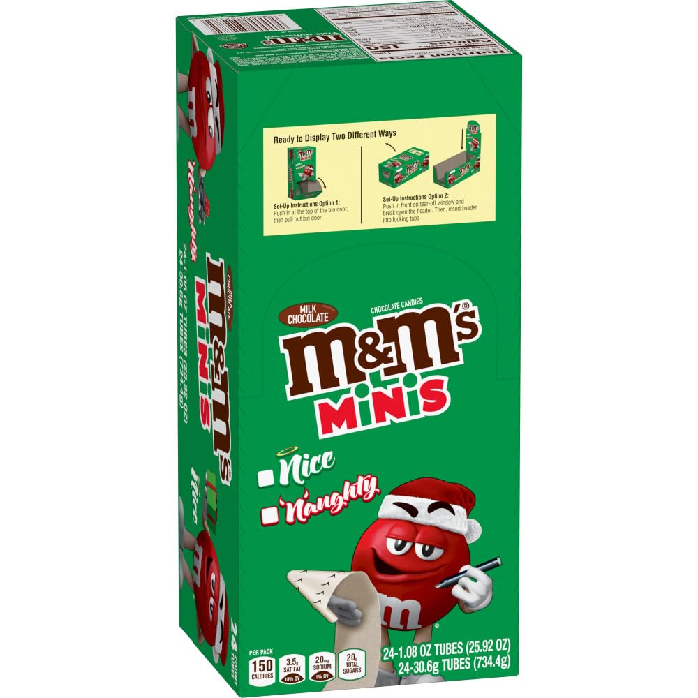 M&M's Christmas Milk Chocolate Minis Size Christmas Candy Bulk Tube, Holiday Stocking Stuffers Gift 1.08 oz (Pack of 24)