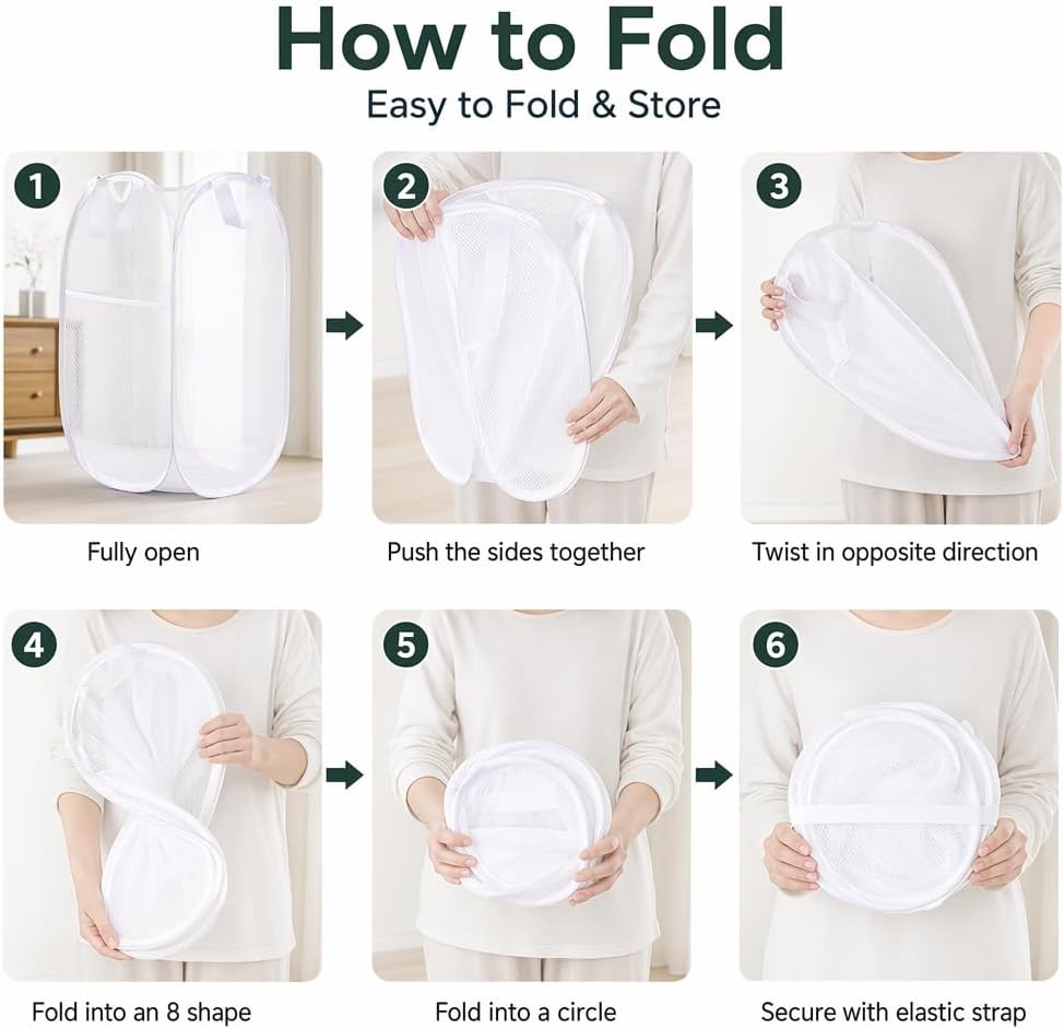 2-Pack Mesh Pop Up Laundry Hamper with Side Pocket, White