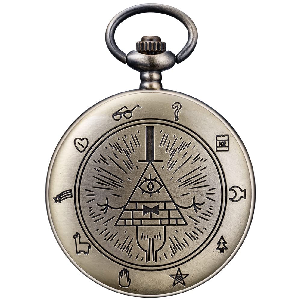 BOSHIYA Quartz Pocket Watches with Chain Gravity Falls Bill Cipher Theme Pocket Watch Vintage Bronze Pocket Watch/Gift Box