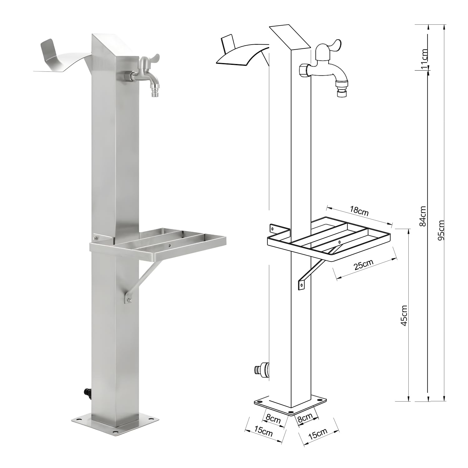 Fontana da Giardino a Colonna Esterno MAGNOLIA Acciaio Inox Spazzolato H 95 cm a Pavimento con Mensola