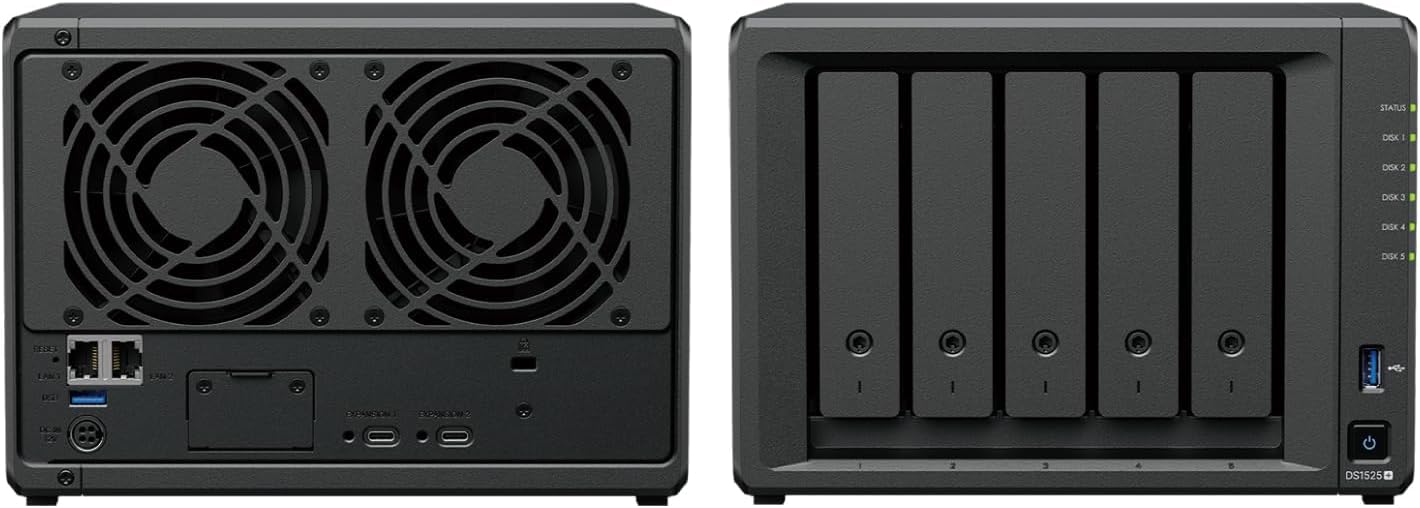 Synology DS1525+ - Set server NAS a 5 bay (8 GB RAM, 10 TB di memoria), 5 dischi rigidi NAS da 2 TB, dispositivo di archiviazione di rete desktop ad alte prestazioni, con SSD esterno
