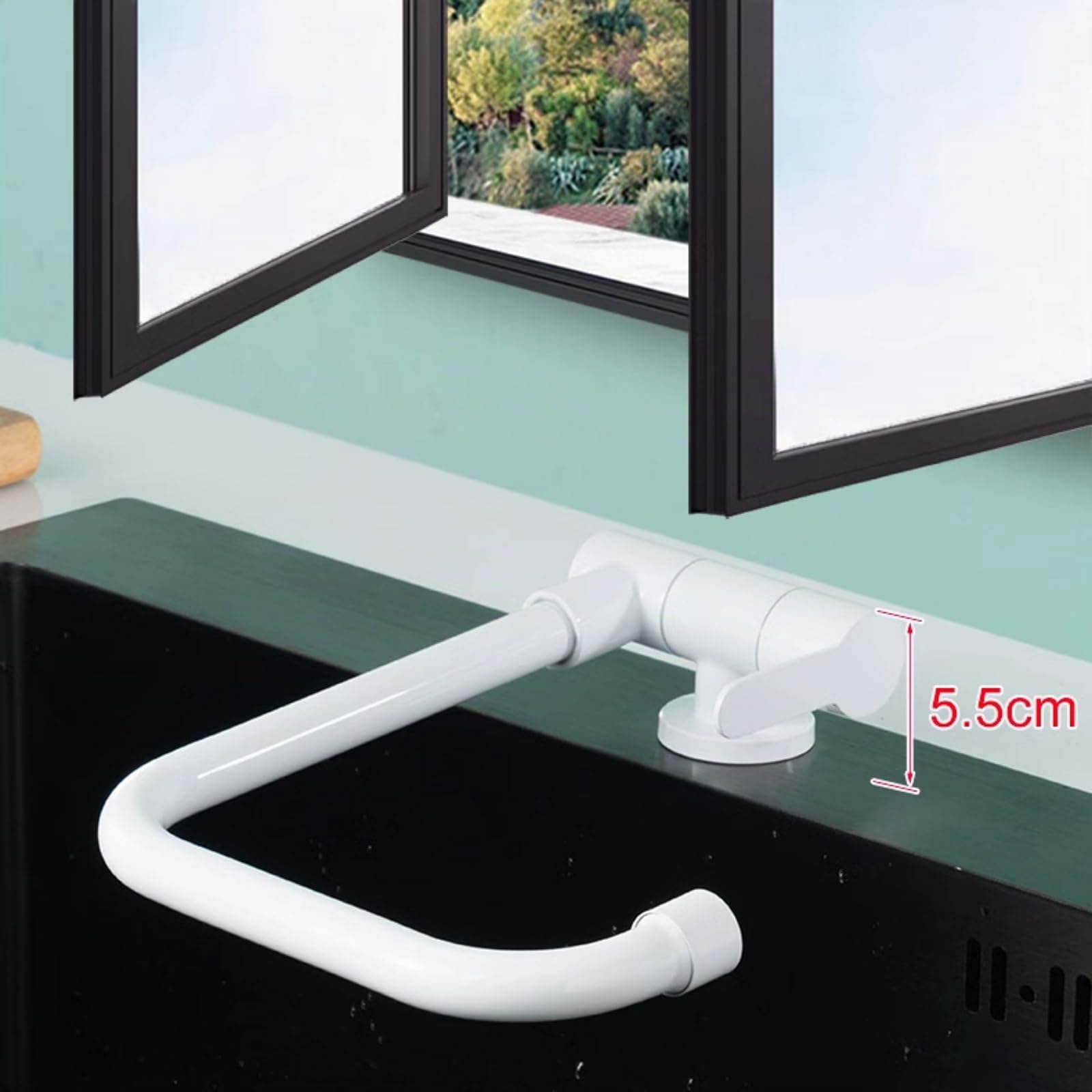 Grifo Cocina Blanco Abatible Grifo de Cocina para Ventana Agua Fria Giratorio de 360° Grifo Fregadero Cocina Acero Inoxidable-Blanco