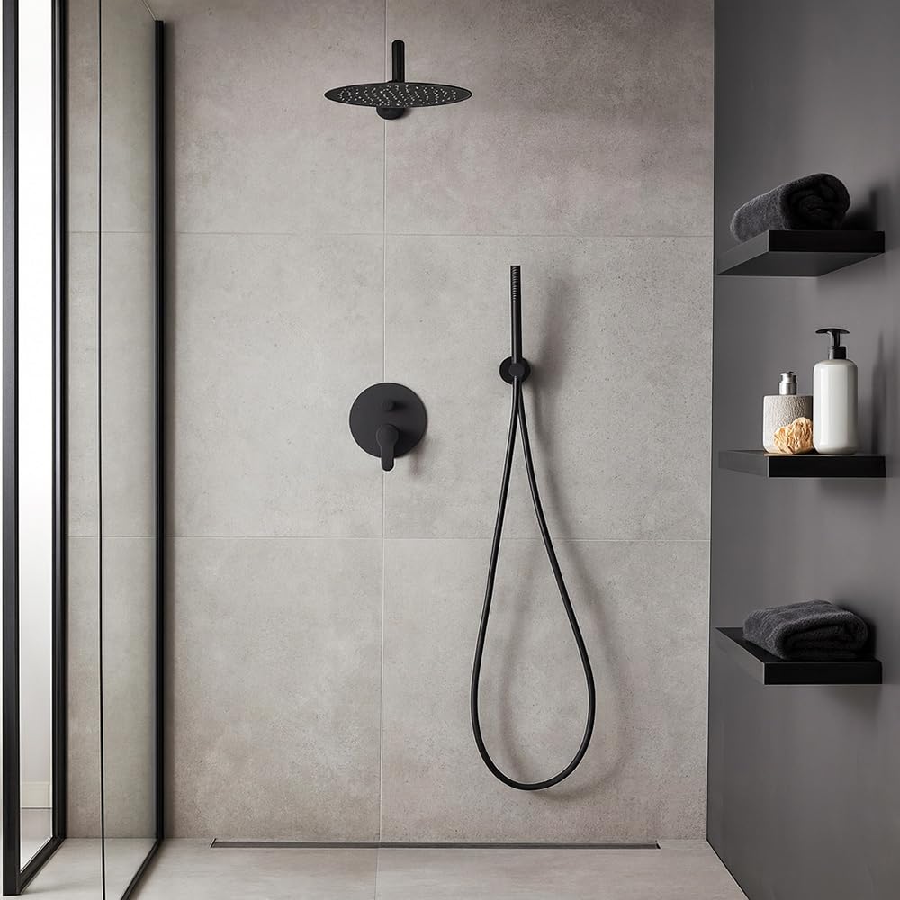 Vetrineinrete Set doccia da incasso tonda miscelatore 2 vie soffione 25x25 cm con doccetta staffa flessibile 180 cm (Nero)