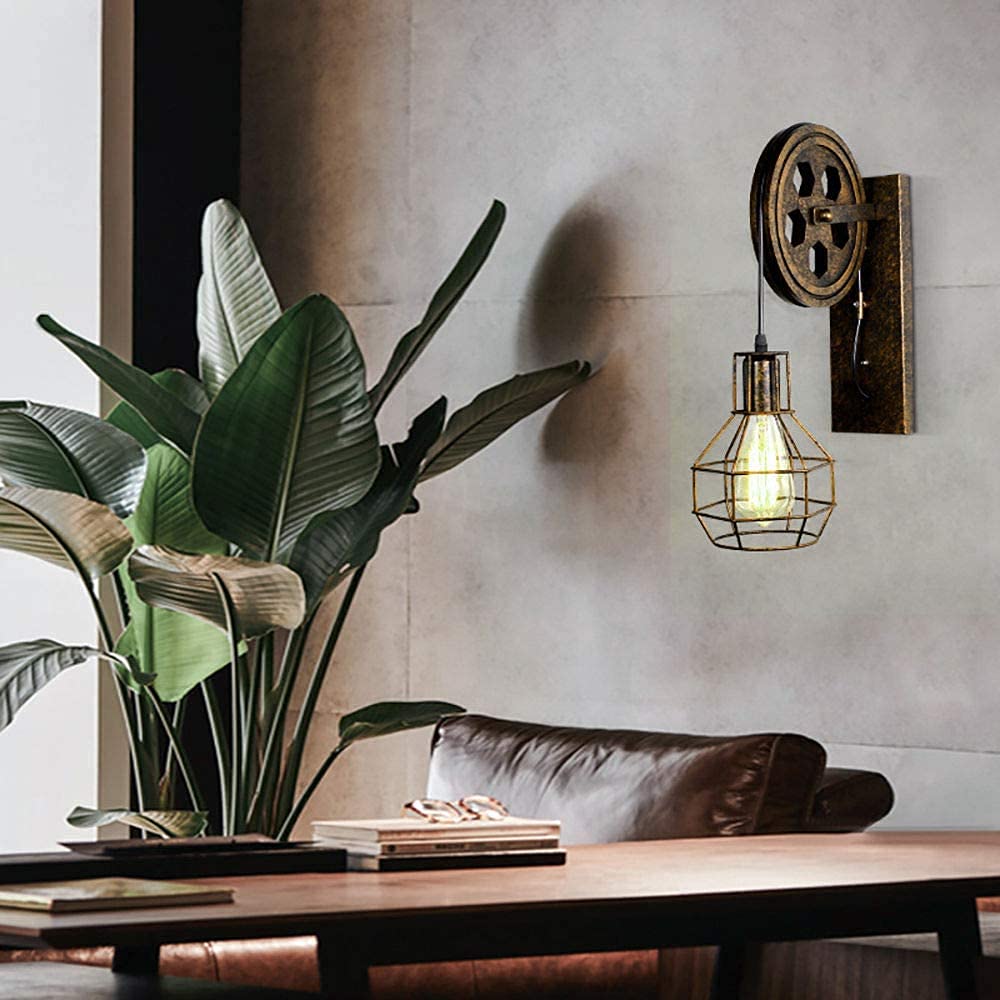 iDEGU 2 Stück Wandleuchten Vintage Wandleuchte im Industrial Design Retro Lampe Holz Riemenscheibe 1 flammige Hängelampe für Wohnzimmer Küche Restaurant (Bronze)