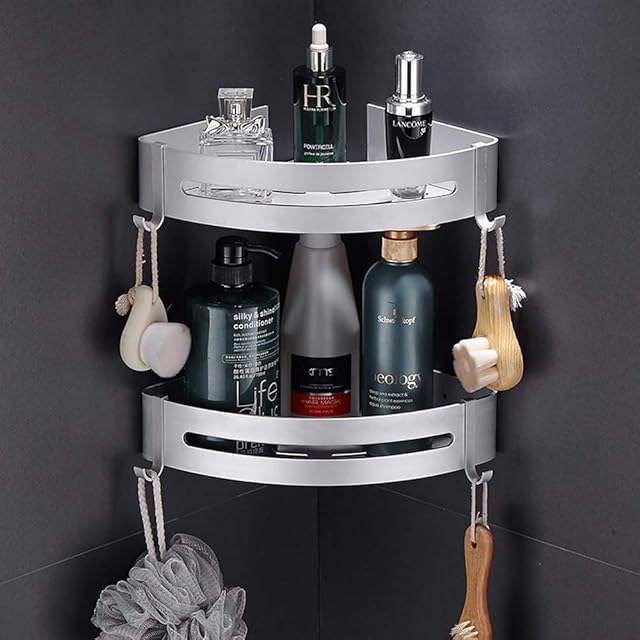 Hodzeed No Drilling Shower Shelf - Aluminum 2 Tier Bathroom Shelves Caddy Adhesive Storage Basket for Shampoo with Hanger Hooks (Corner Shelf)