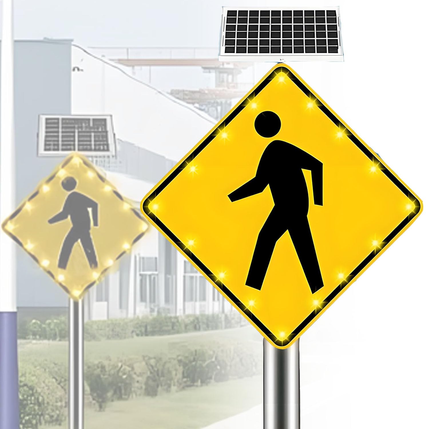 ROEFETY 16 Flashing LED Highlight Road Traffic Blinking Street Warning Sign,Solar Pedestrian Crossing Sign,Aluminum IP65,Weatherproof Crosswalk Signs for Park School Urban 24inches
