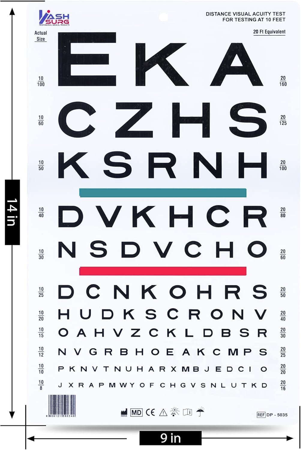 Snellen Visual Acuity Eye Chart for 10 Feet Chart 14 x 9 Inches_163_Pack of 34