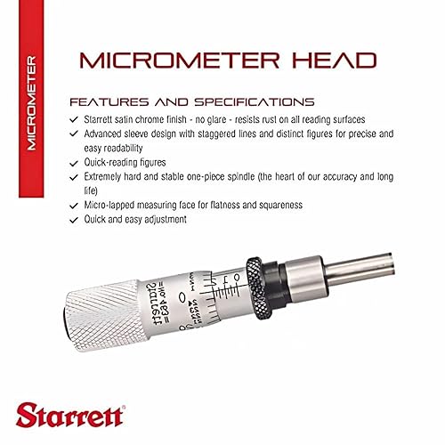 Miniatura 2 de Starrett Cabezal de micrómetro con husillo de una pieza, acabado cromado satinado y diseño avanzado de manga, ajuste rápido y fácil, rango de 0-12