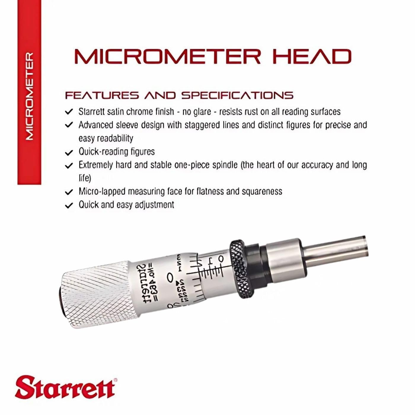 Starrett 576XR Rounded Anvil Micrometer - 0-1" Range, .001" Graduations, Satin Chrome Finish