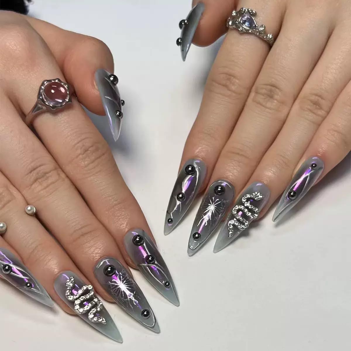 CTTHNBD Press on Nails Long - Stiletto Fake Nails with Y2k Snake Design - Rhinestone, Ombre Full Cover Stick on False Nails - for Women 24 Pcs