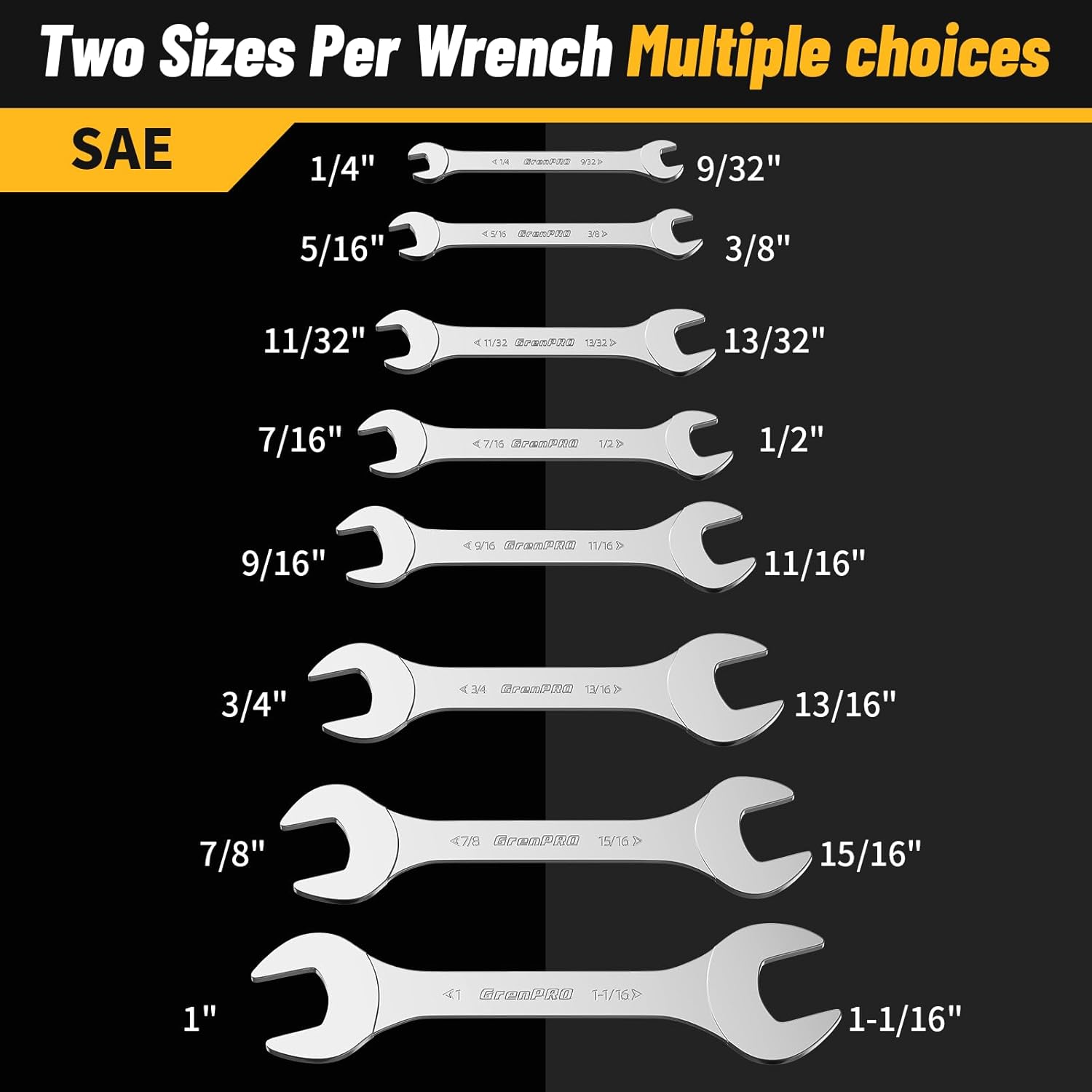 GRENPRO Super-Thin SAE Wrench Set, Open End Wrench Set, 9PCS 1/4, 9/32, 5/16, 3/8, 11/32, 13/32, 7/16, 1/2, 9/16, 11/16, 3/4, 13/16, 7/8, 15/16, 1, 1-1/16, Small Slim Spanner Rolling Pouch with Gauge