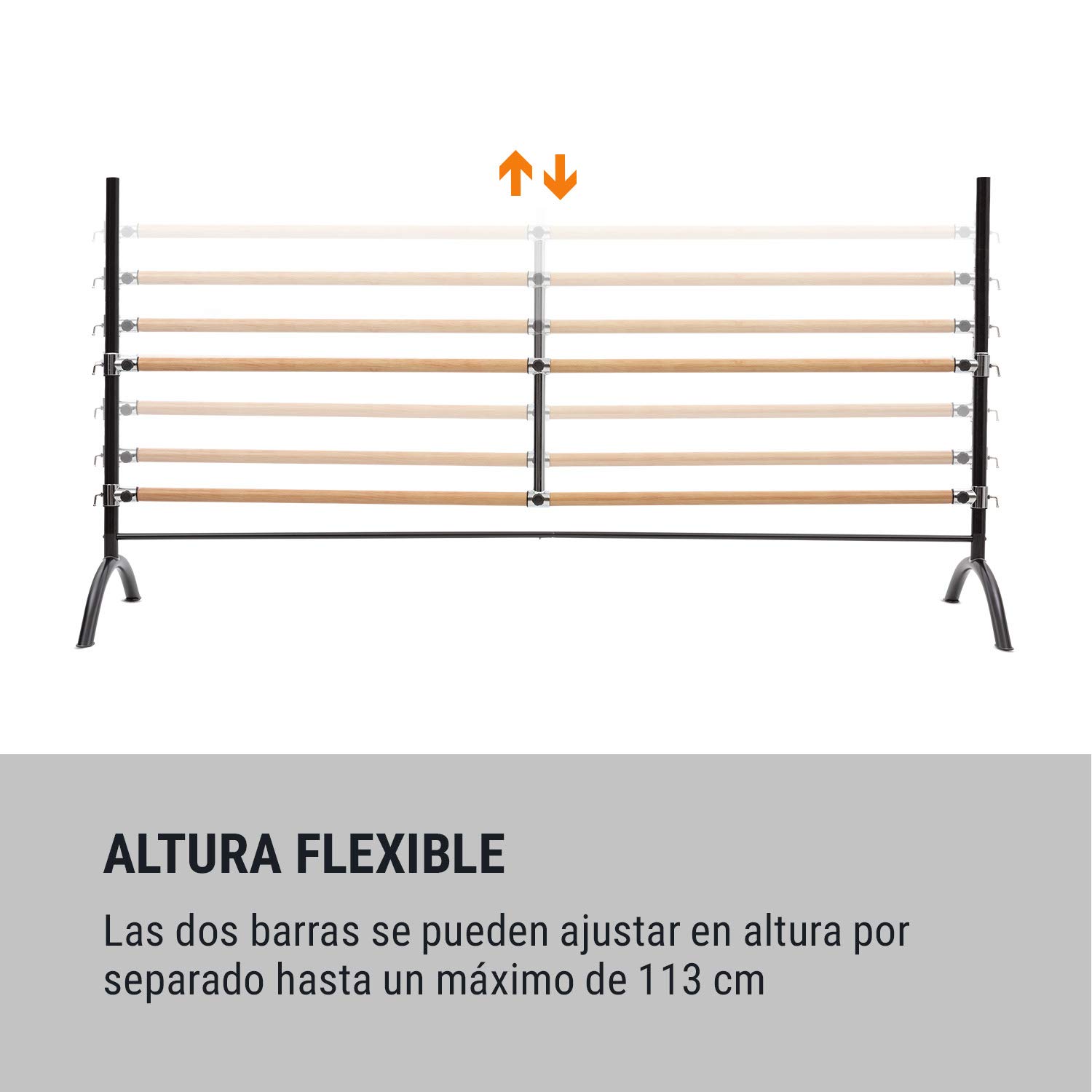 Klarfit Barre Doble de Ballet para Casa, Recubrimiento de Goma Antideslizante, Altura Flexible, Acero con Aspecto de Madera