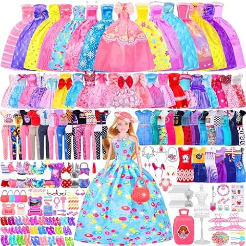 342 Pcs Doll Clothes and Accessories with Doll, Princess Gowns, Fashion Dresses, Top, Pants, Swimsuits, Shoes, Hangers and Other Accessories, Doll Playset Dress up Toy for Girls Toddlers Gift Toys Cover