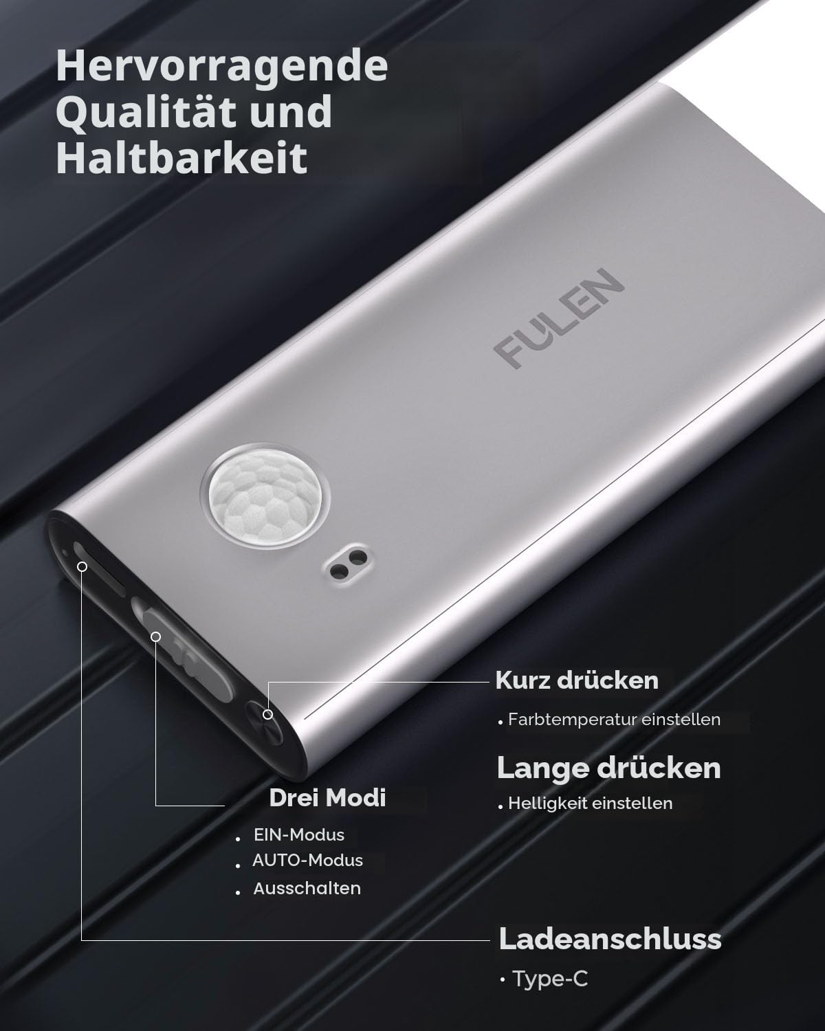 FULEN Unterbauleuchte Küche LED, Schrankbeleuchtung Lampe Bewegungsmelder Innen, 38cm led Licht Kabellos mit Batterie Wiederaufladbar, Unterschrank Beleuchtung Küche, 3 Farbtemperaturen, 2er-Pack
