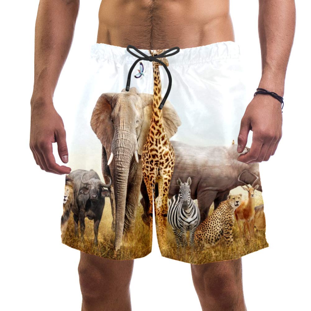 Eslifey Men's Multi Man Beach Shorts African Safari Animals Lion Leopard Giraffe Hippo Elephant Swim Trunks Elastic Swimsuit Board Shorts For