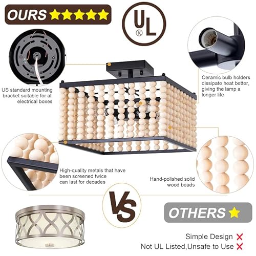 No Hang Beads Required Boho Light Fixture, 4-Light Square Wood Bead Semi Flush Mount Ceiling Light,Rustic Wood Beaded Farmhouse Light Fixtures For Bedroom Entryway Hallway,Oak&Black #TOP1