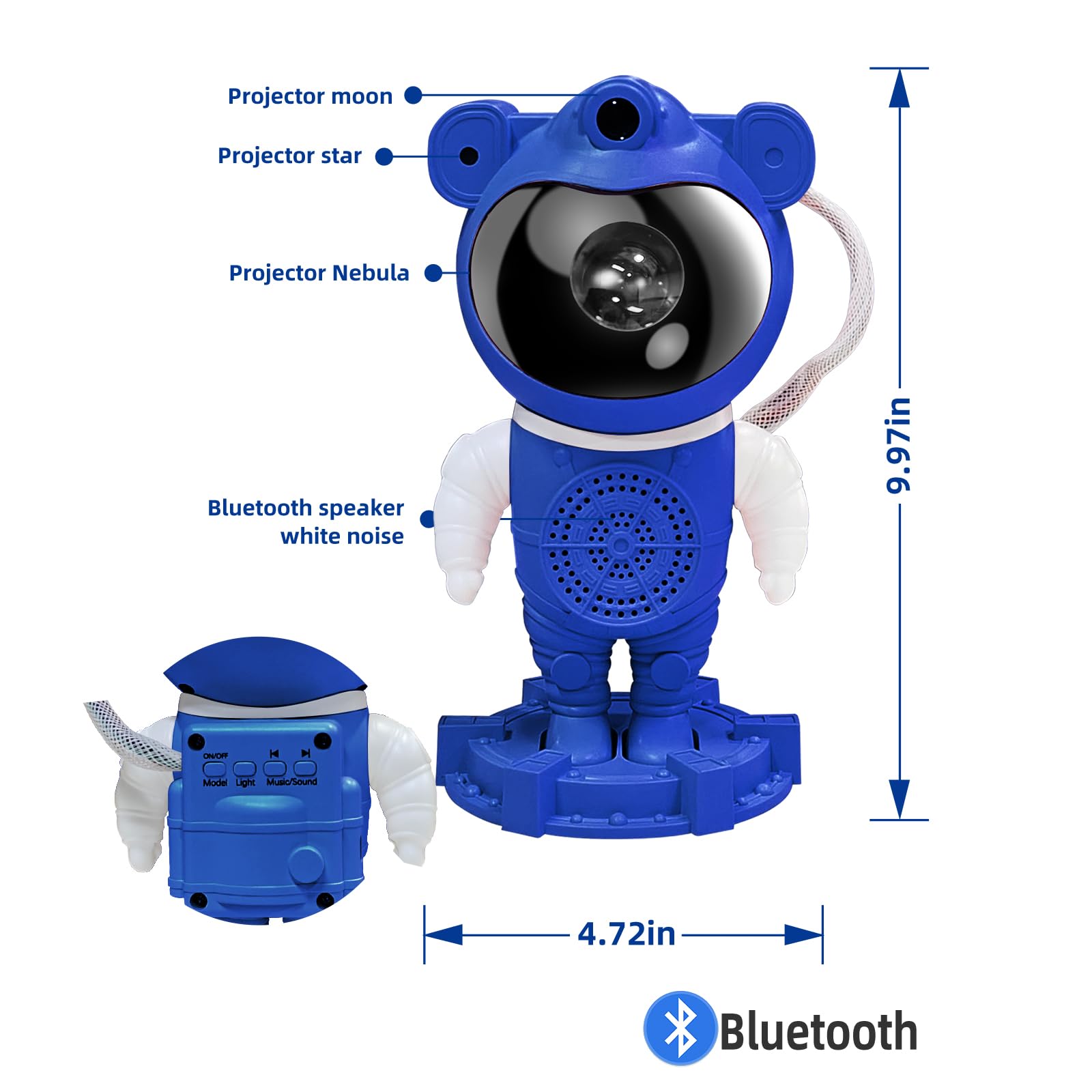 RUISHINE - Proyector de galaxia, luz nocturna para recámara, decoración de habitación, luces LED, galaxia astronauta con luna de nebulosa, Bluetooth, ruido blanco, control remoto