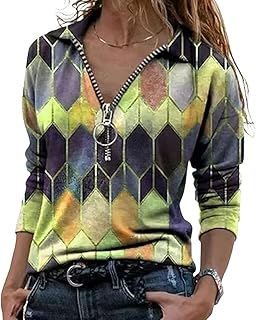 LIWEIKE Women V Neck Tee Shirts, Womens Fashion Geometric Print Zipper Long Sleeve Casual Henley Tops Blouse T-Shirt
