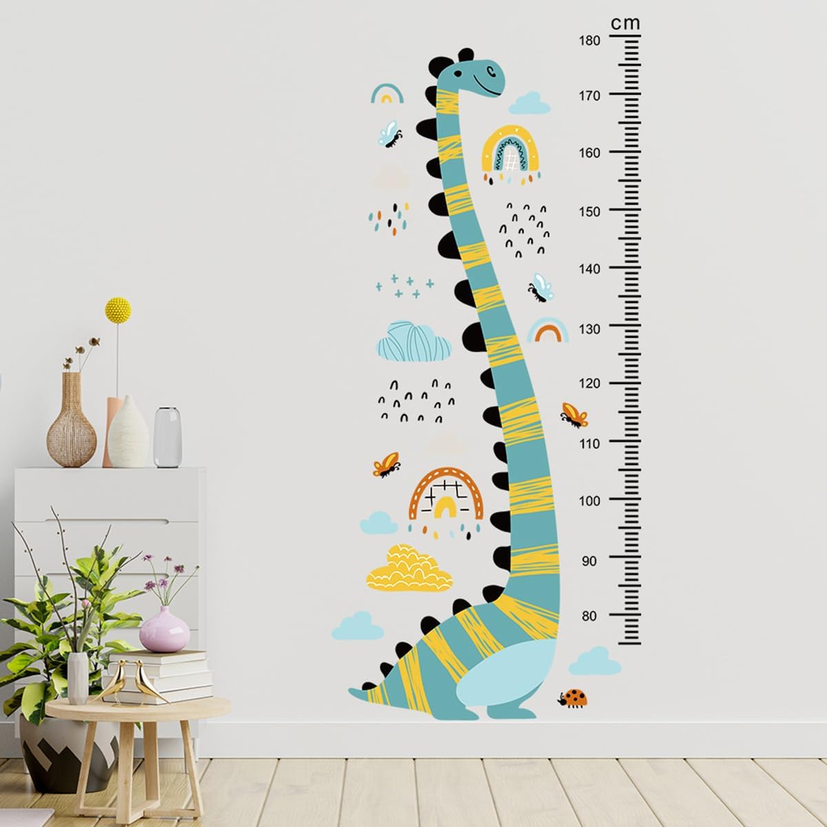 fanquare Cartoon Dinosaur Growth Charts Tall Dinosaur Wall Decals Rainbow Cloud Insects Wall Decor for Kids Girls Boys Bedroom Living Room