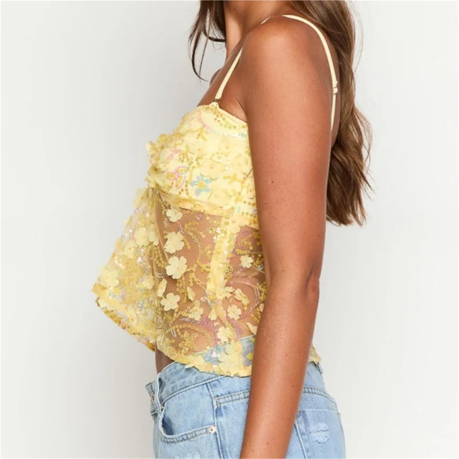 Top De Lentejuelas Tops de Tubo con Lentejuelas for Mujer, con Aberturas torcidas, de Retazos, de Malla, con Pliegues, con Aberturas torcidas, Dulces Tops de Fiesta con Flores Brillantes de Verano