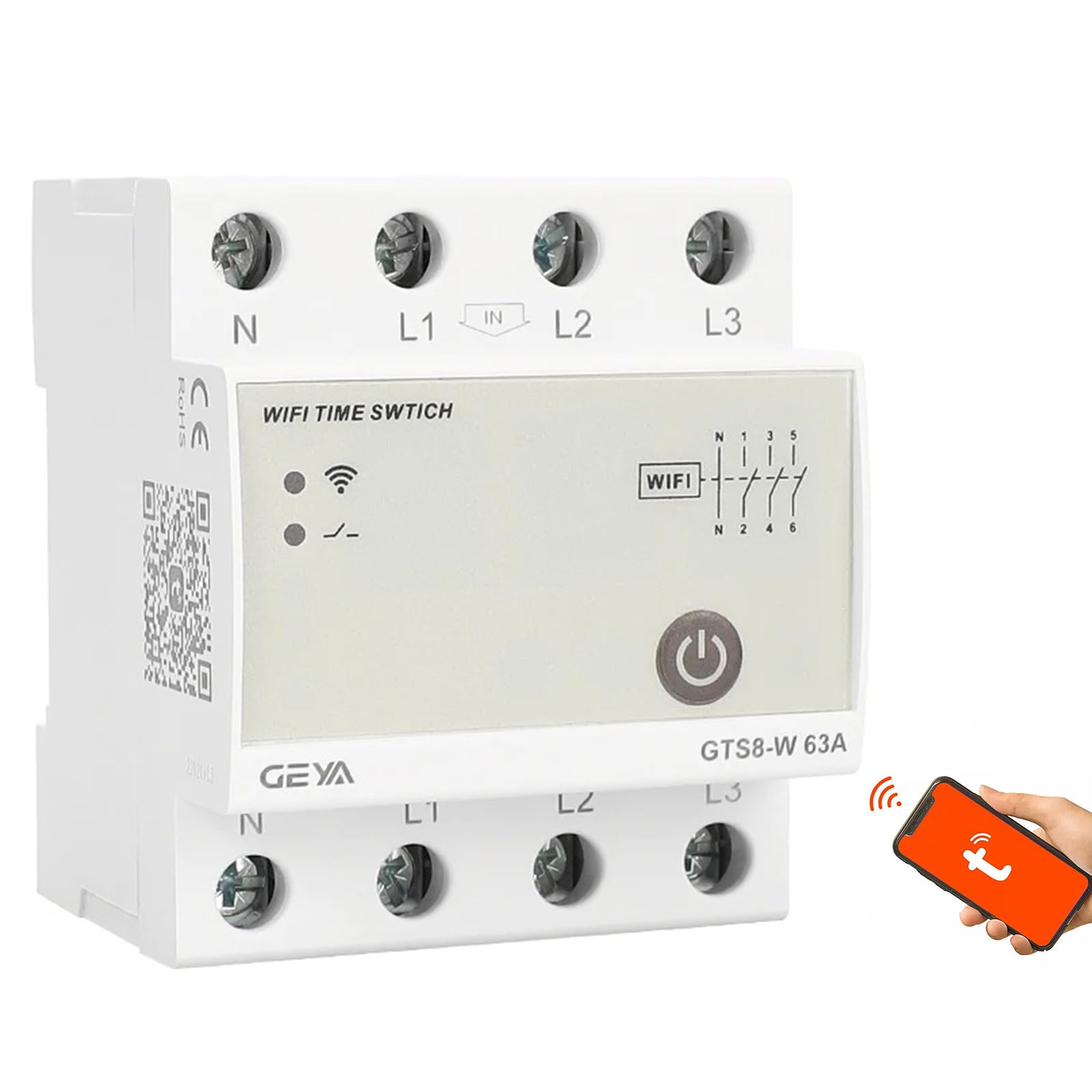 GEYA Intelligent Wifi Time Relay Switch Smart Home Wireless Remote Control Switch by Tuya APP AC220V DIN Rail Type (4P-63A)