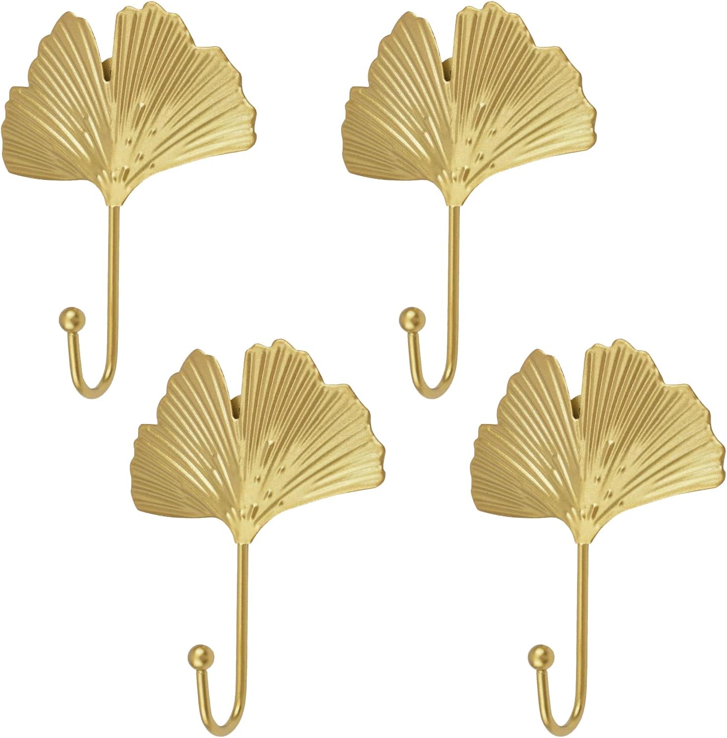 Decorative Gold Leaf Wall Hooks, 4 Pack Metal Leaf Shape Wall Mounted Hooks, Vintage Single Prong Hangers for Keys, Hats, Bags, Towels – Rustic Home Wall Decor (Ginkgo Leaf)