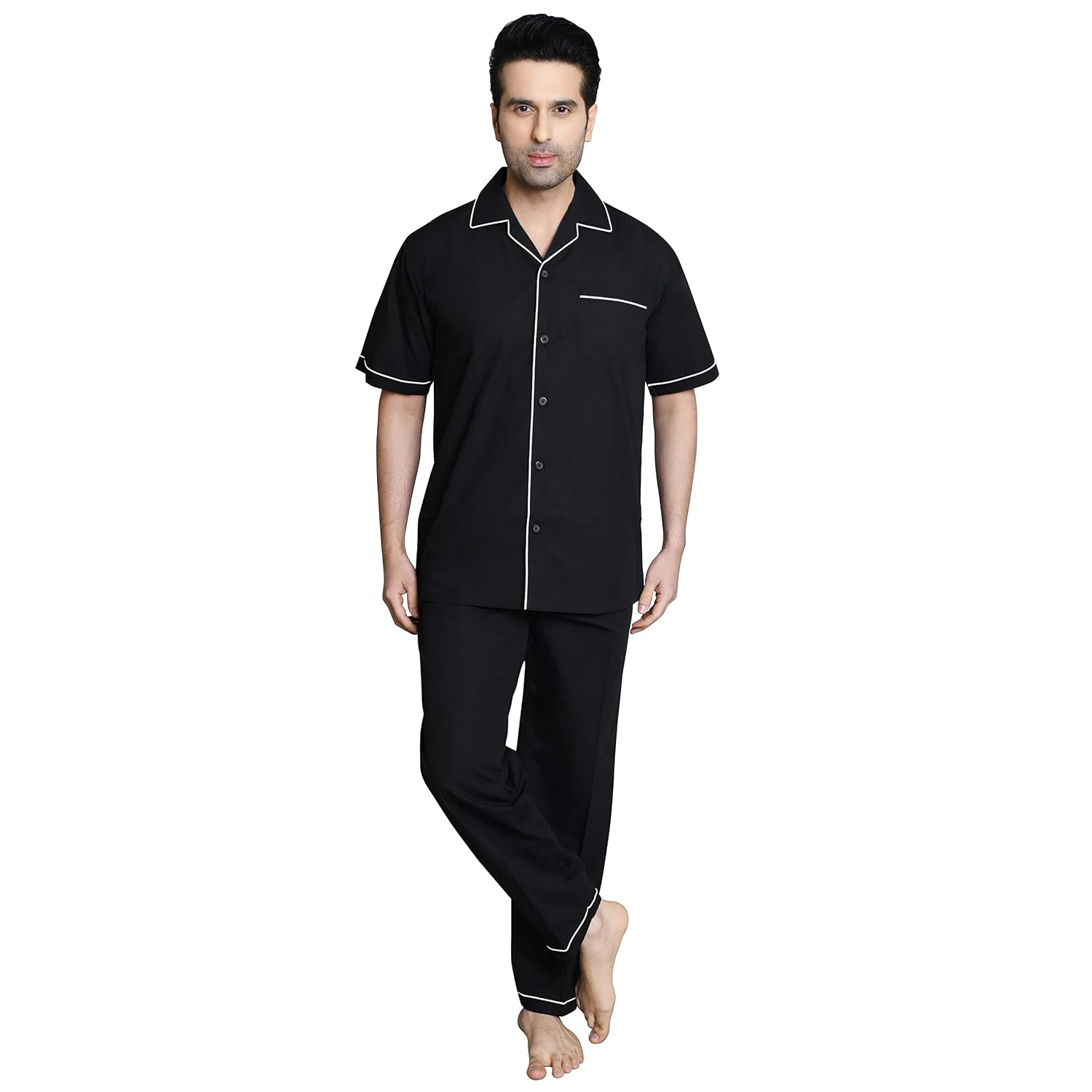 TATWAM 100% Cotton Mens Half Sleeve POPLIN Nightsuit with Fully Branded Elastic Pajama and TOP TATWAM 100% Cotton Mens Half Sleeve POPLIN Nightsuit with Fully Branded Elastic Pajama and TOP