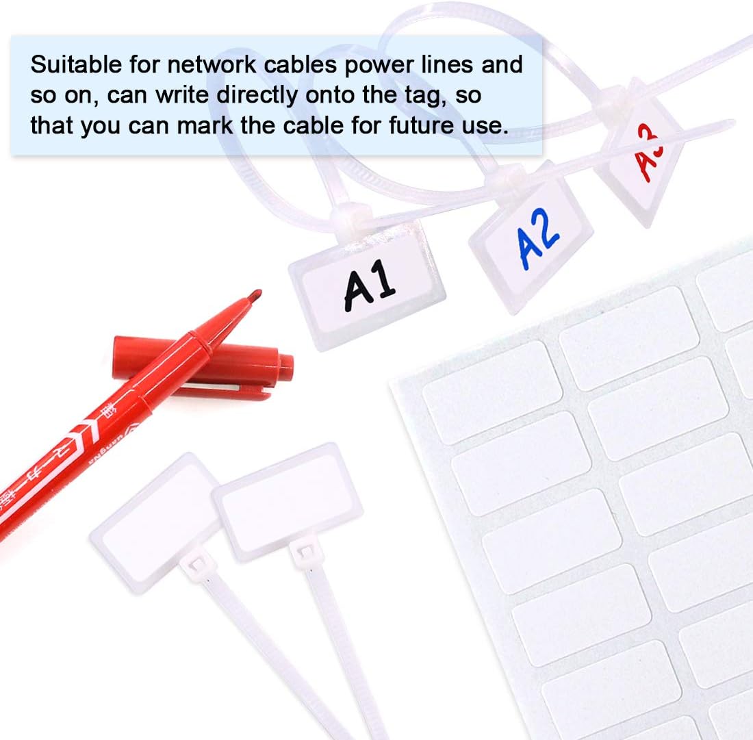 Glarks 200-Pieces 6 Inch Nylon Cable Marker Ties Self-locking Cord Tags Write on Ethernet Label Wire Straps with 3 Marker Pens and 288Pcs White Self-Adhesive Cable Labels for Home and Office Use