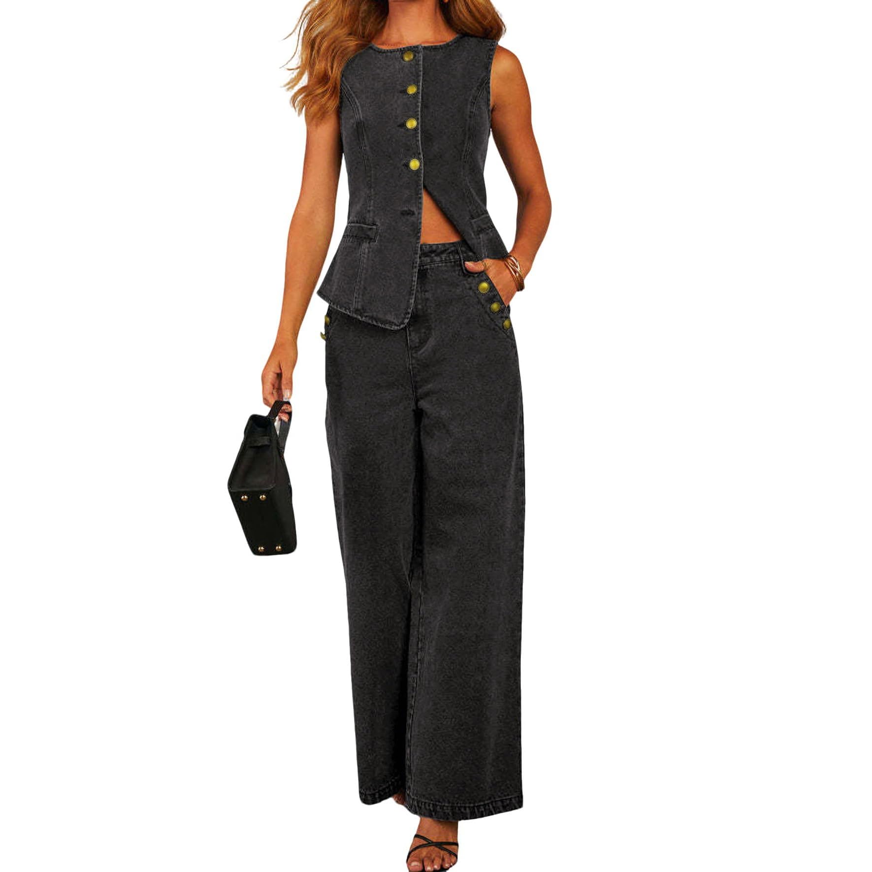 Completo in denim da donna, elegante, due pezzi, senza maniche, gilet e jeans con gamba larga, due pezzi, tinta unita, pantaloni larghi, pantaloni lunghi da festa, completo streetwear