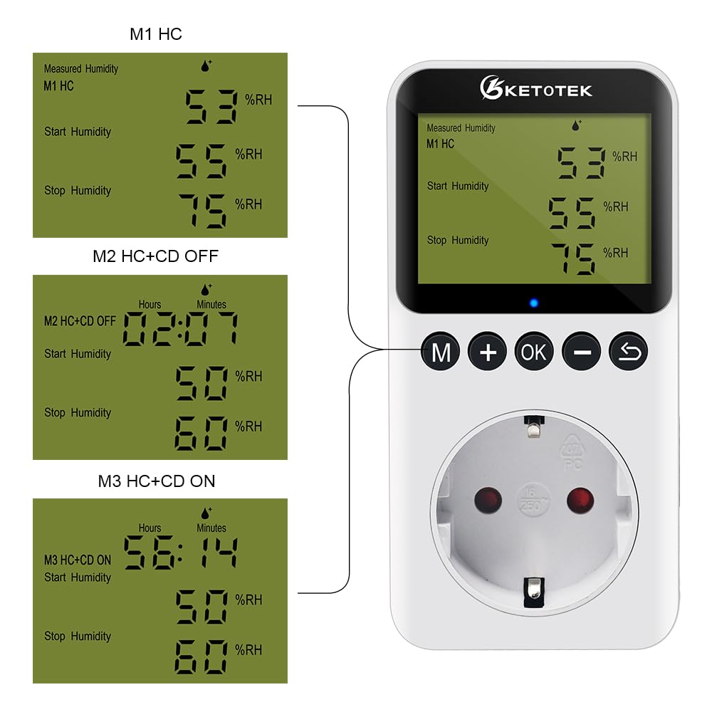KETOTEK Enchufe con Higrostato Digital con Sonda 220V Controlador de Humedad mit Countdown-Funktion para Terrario Reptil Invernadero Incubadora Humidificador Deshumidificador