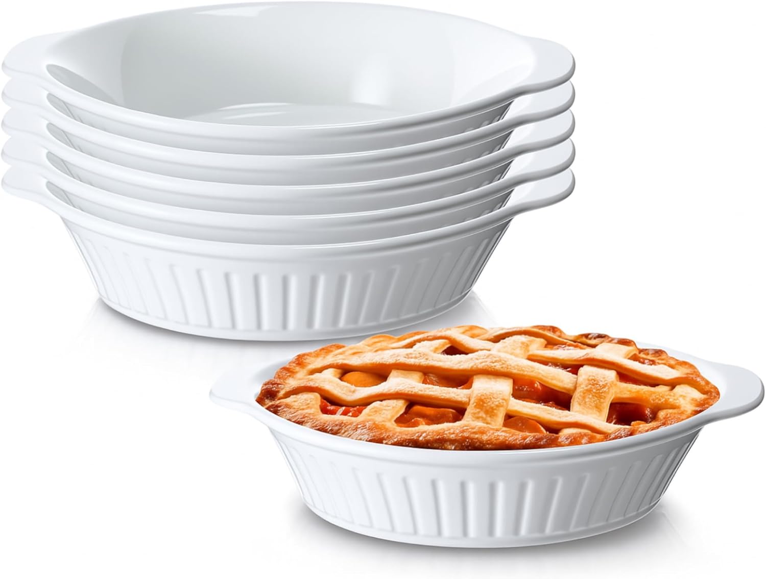 LemonRoad 6 Pcs 9 Inches Ceramic Pie Pans,Deep Ceramic Pan with Handles for Chicken Pot,Apple Pie and Desserts,Microwave Oven Safe, White