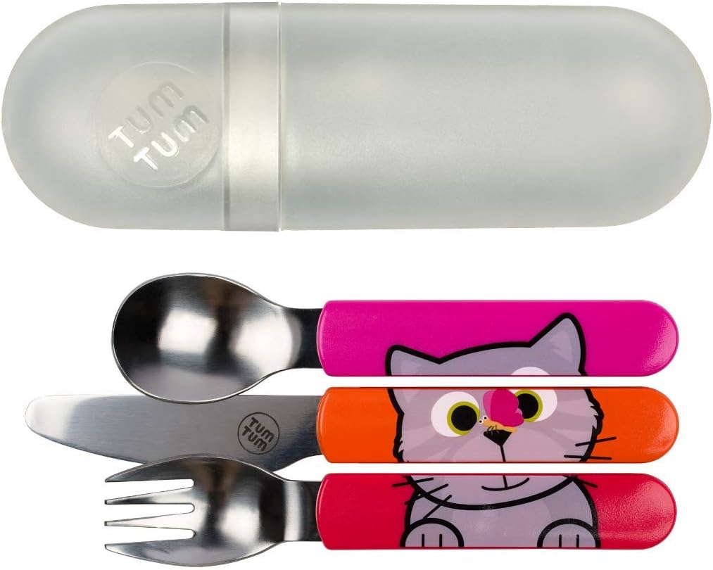 TUM TUM Toddler Cutlery Set with Travel Case, 3 Pcs Kids Cutlery Set Stainless Steel Includes 1 x Fork/Spoon/Knife, Kids Travel Cutlery Sets, BPA Free (Bluebell The Cat)