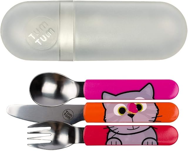 TUM TUM Toddler Cutlery Set with Travel Case, 3 Pcs Kids Cutlery Set Stainless Steel Includes 1 x Fork/Spoon/Knife, Kids Travel Cutlery Sets, BPA Free (Bluebell The Cat)