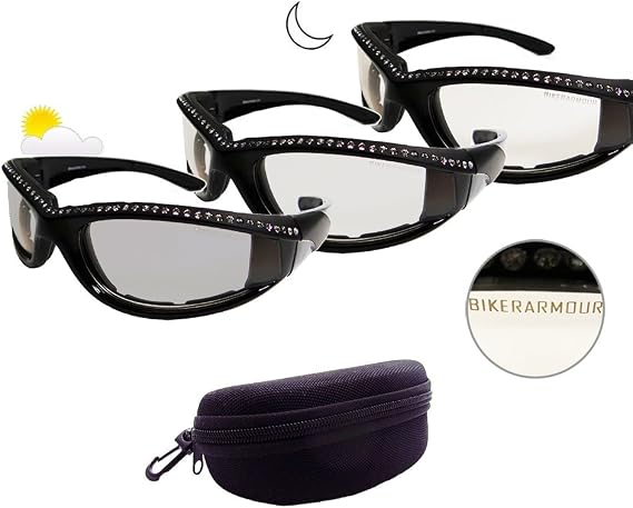 Bikershades Motorcycle Transition Glasses with Rhinestone Frames for Women.