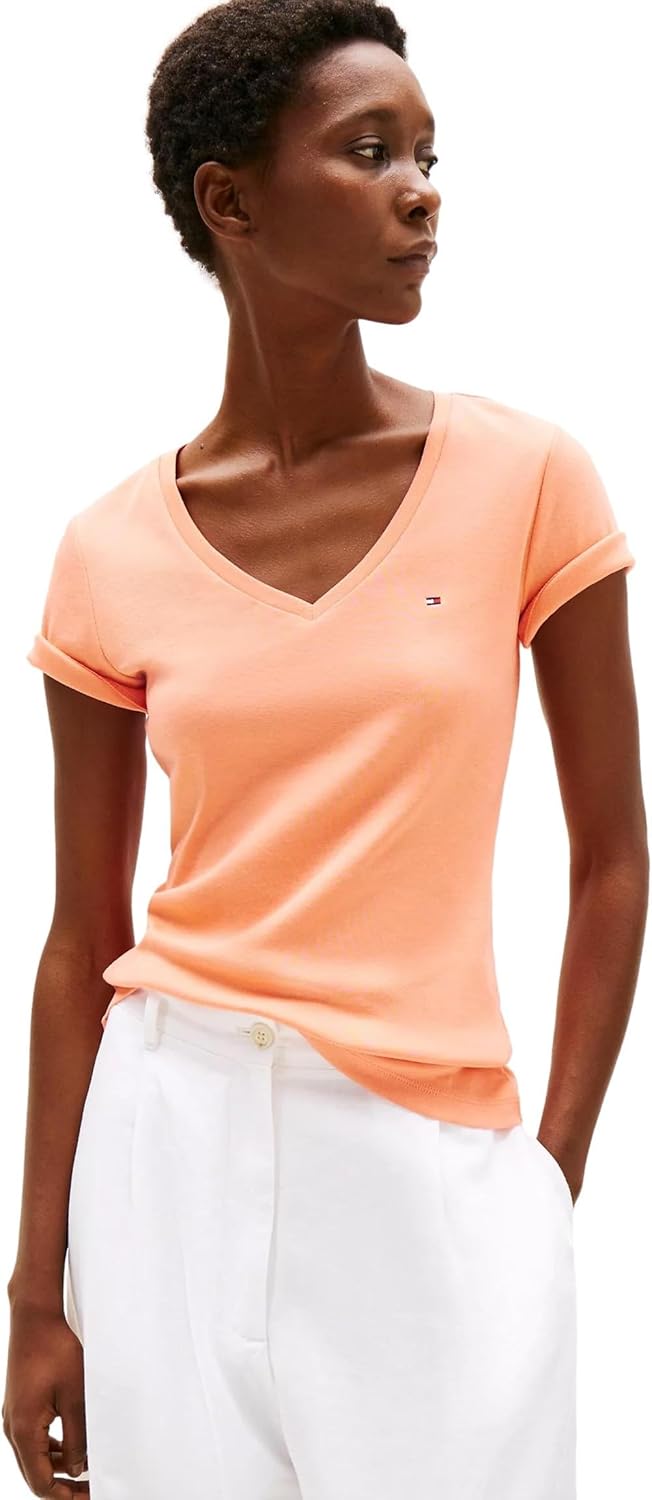 Tommy Hilfiger Women Short Sleeve V-Neck Solid Cotton Tee - Image 2