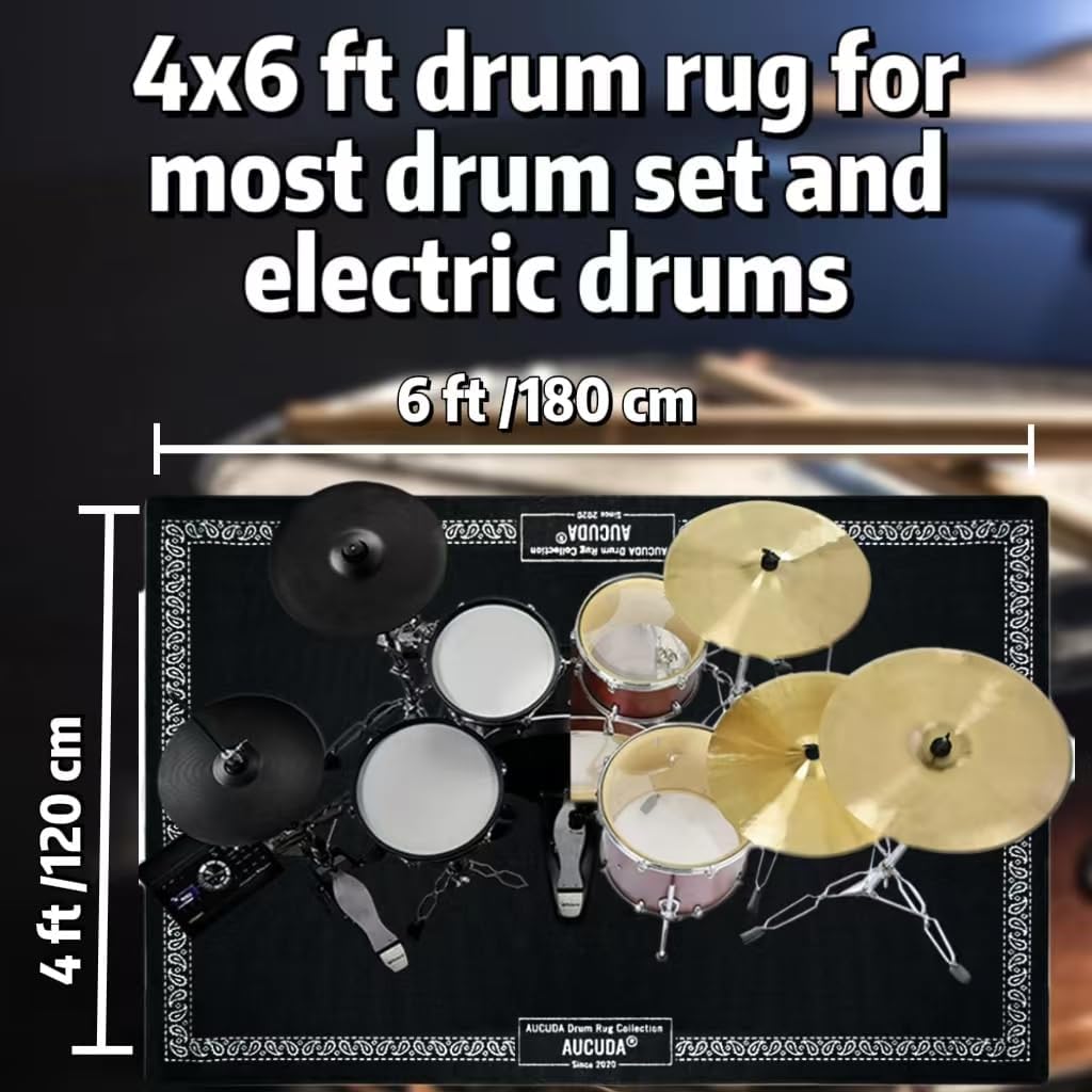 Aucuda Drum Rug 4x6ft Drum Mat with Paisley Border, Tightly Woven Fabric Cool Drum Set Carpet with Non-Slip Grip Bottom, Electric Drum Accessories for Studio, Apartment, Soundproof, No Crease.